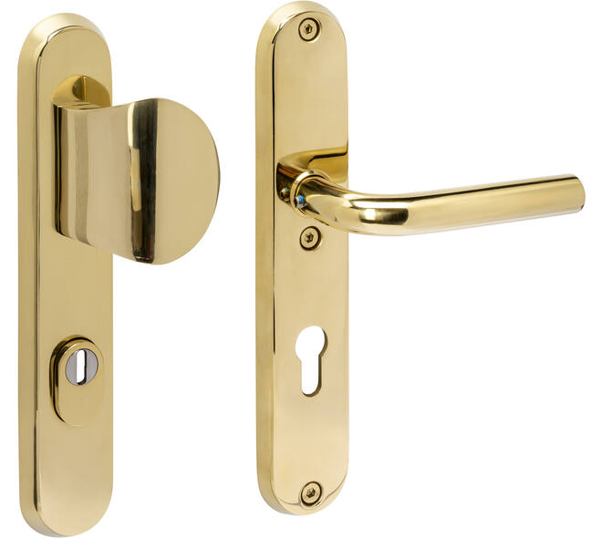 SKG3 veiligheidsbeslag ovaal 250x50mm greep/kruk Luzern met veerconstructie profielcilindergat 72mm met kerntrekbeveiliging PVD messingkleur