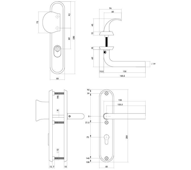 SKG3 veiligheidsbeslag ovaal 250x50mm greep/kruk Luzern met veerconstructie profielcilindergat 72mm met kerntrekbeveiliging PVD messingkleur