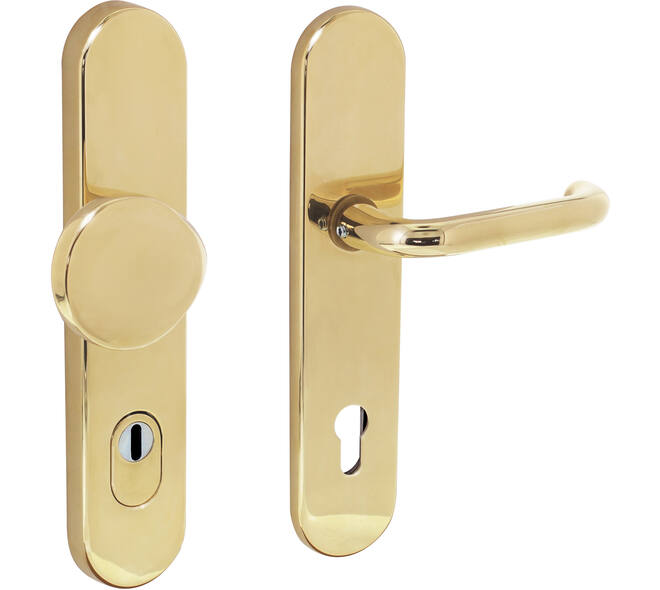 SKG3 veiligheidsbeslag ovaal verdekt 252x54mm greep/kruk Rond profielcilindergat 92mm met kerntrekbeveiliging messing gelakt