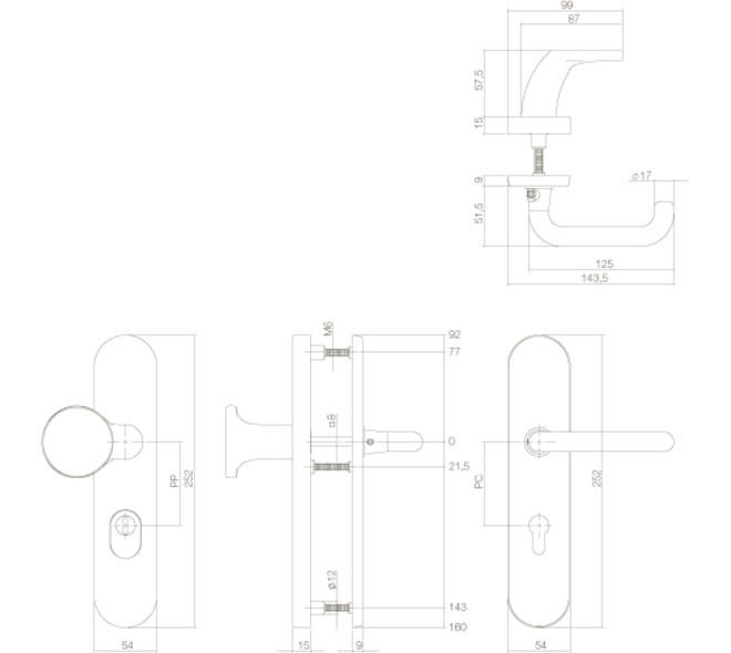 SKG3 veiligheidsbeslag ovaal verdekt 252x54mm greep/kruk Rond profielcilindergat 92mm met kerntrekbeveiliging messing gelakt
