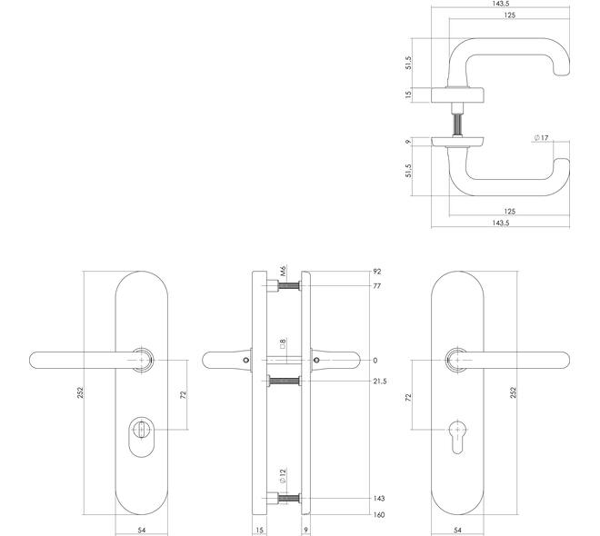 SKG3 veiligheidsbeslag ovaal verdekt 252x54mm kruk/kruk Rond profielcilindergat 72mm met kerntrekbeveiliging messing gelakt