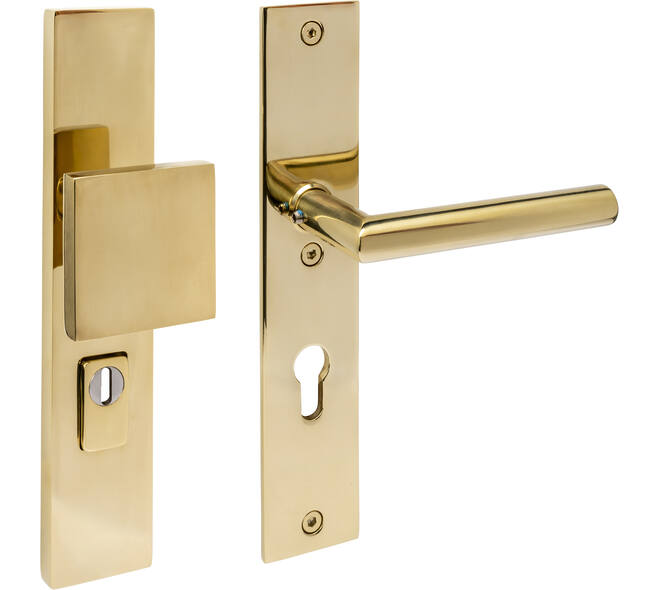 SKG3 veiligheidsbeslag rechthoekig 250x50mm greep/kruk Jura profielcilindergat 72mm met kerntrekbeveiliging PVD messingkleur
