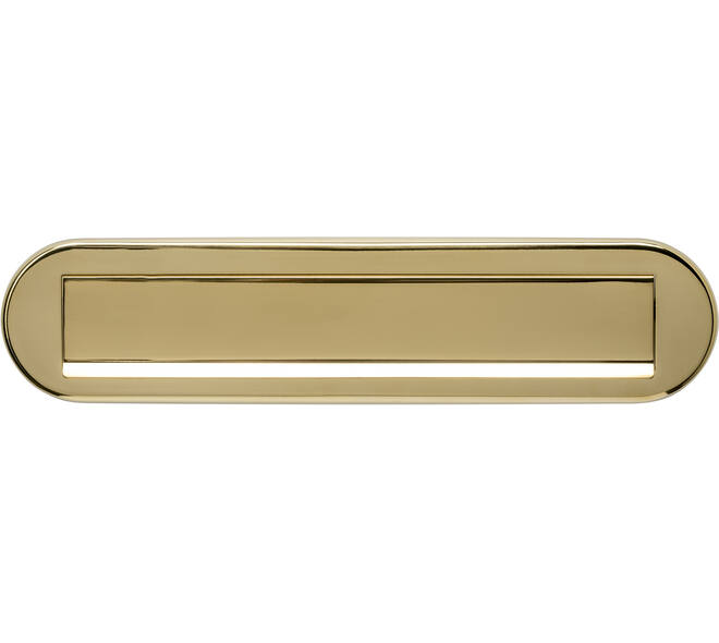 Briefplaat ovaal 340x80mm met klep/regenrand PVD messingkleur