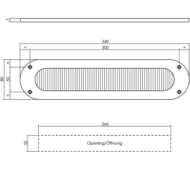 Tochtwering ovaal 340x80mm PVD messingkleur