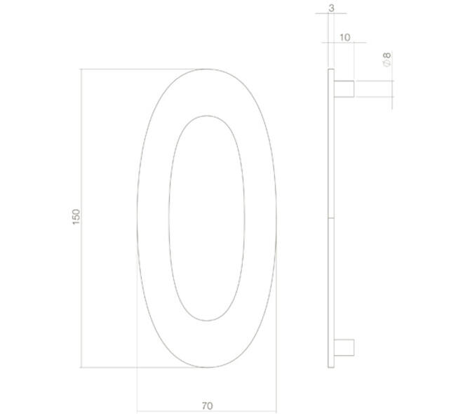 Huisnummer 0 150mm PVD messingkleur