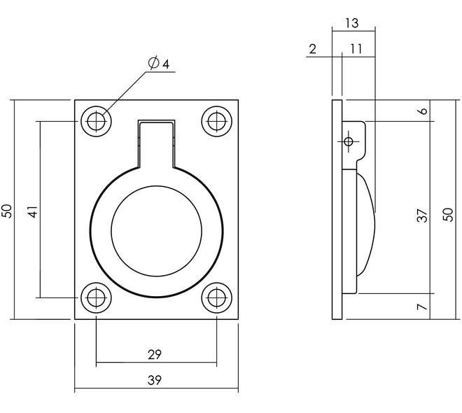 Luikring recht 50x39mm messing gelakt