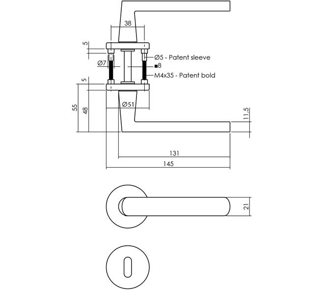 Deurkruk Sora met rozet verdekt ø51x5mm met nokken en sleutelrozetten PVD messing mat