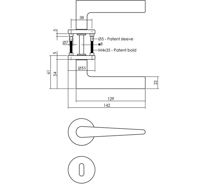 Deurkruk Tiga met rozet verdekt ø51x5mm met nokken en sleutelrozetten PVD messing mat