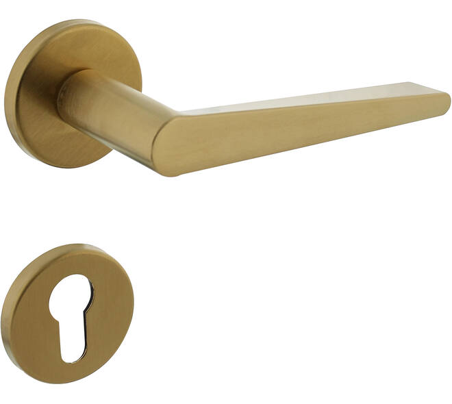 Deurkruk Tiga met rozet verdekt ø51x5mm met nokken en cilinderrozetten PVD messing mat