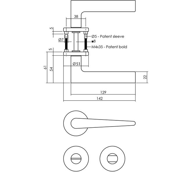 Deurkruk Tiga met rozet verdekt ø51x5mm met nokken en WC-sluiting met stift 8x8mm PVD messing mat