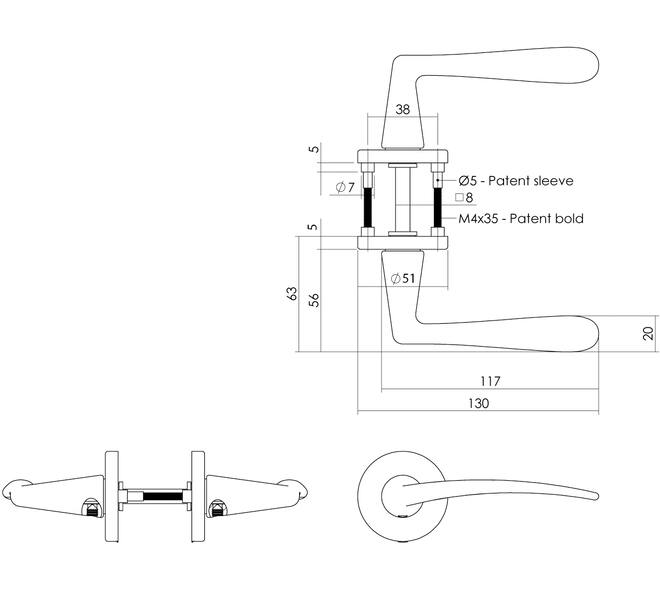 Deurkruk Zaia met rozet verdekt ø51x5mm met nokken PVD messing mat