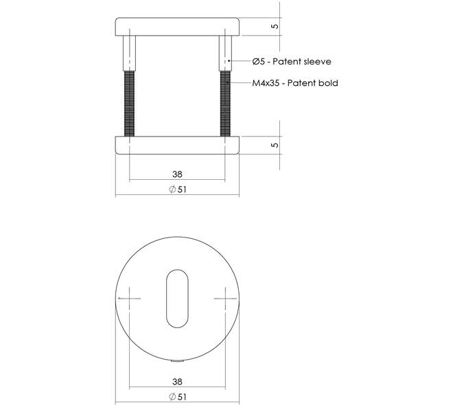 Sleutelrozetten verdekt ø51x5mm met nokken PVD messing mat