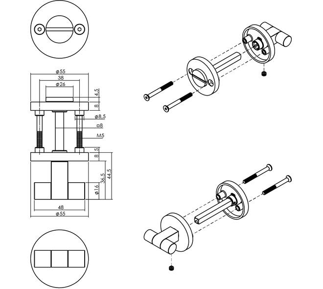WC-sluiting éénzijdig verdekt ø55x8mm met stift 8x8mm, knop op verdekte rozet PVD messing mat