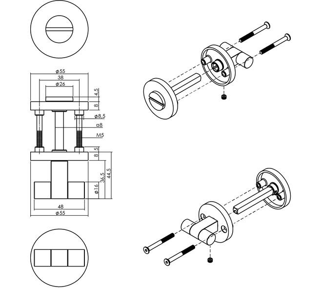 WC-sluiting éénzijdig verdekt ø55x8mm met stift 8x8mm, knop op schroefgat rozet PVD messing mat