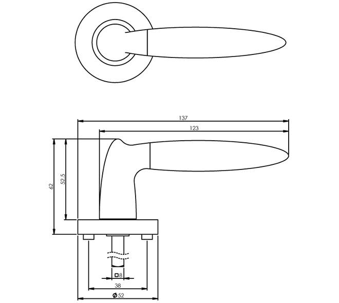 Deurkruk Elen op rozet verdekt ø52x10mm met nokken chroom/nikkel mat