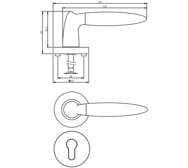 Deurkruk Elen op rozet verdekt ø52x10mm met nokken en cilinderrozetten chroom/nikkel mat
