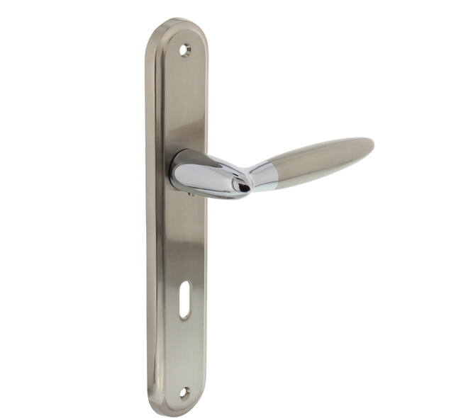 Deurkruk Elen op schild ovaal 242x43mm sleutelgat 72mm chroom/nikkel mat