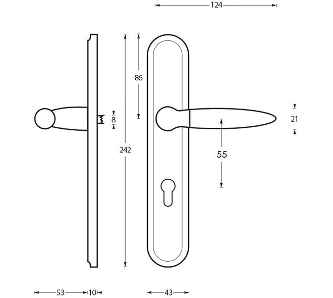 Deurkruk Elen op schild ovaal 242x43mm profielcilindergat 55mm chroom/nikkel mat
