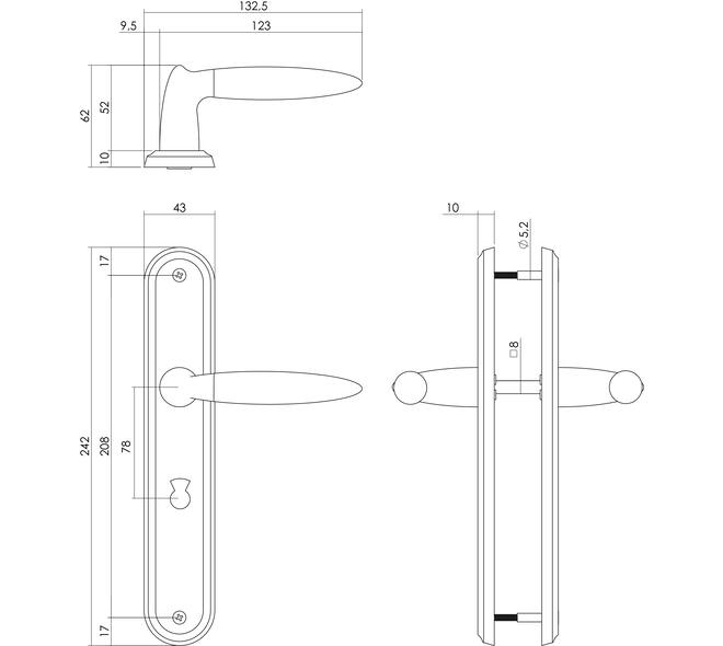 Deurkruk Elen op schild ovaal 242x43mm wc 78/8mm chroom/nikkel mat