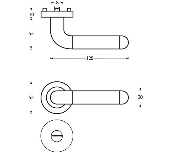 Deurkruk Agatha op rozet verdekt ø52x10mm met nokken en WC-sluiting met stift 8x8mm chroom/nikkel mat