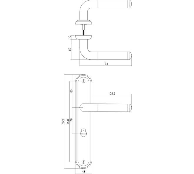 Deurkruk Agatha op schild ovaal 242x43mm wc 78/8mm chroom/nikkel mat
