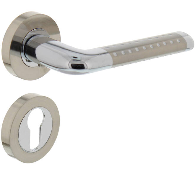 Deurkruk Marion op rozet verdekt ø52x10mm met nokken en cilinderrozetten chroom/nikkel mat