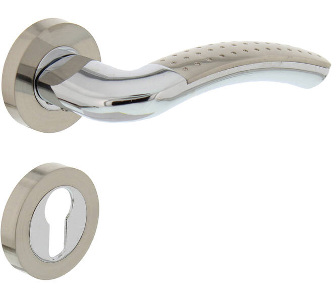 Deurkruk Sharon op rozet verdekt ø52x10mm met nokken en cilinderrozetten chroom/nikkel mat