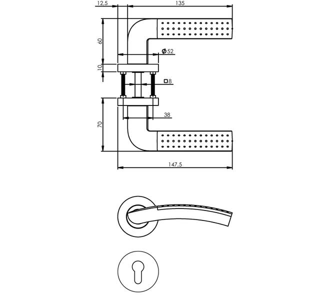 Deurkruk Sharon op rozet verdekt ø52x10mm met nokken en cilinderrozetten chroom/nikkel mat