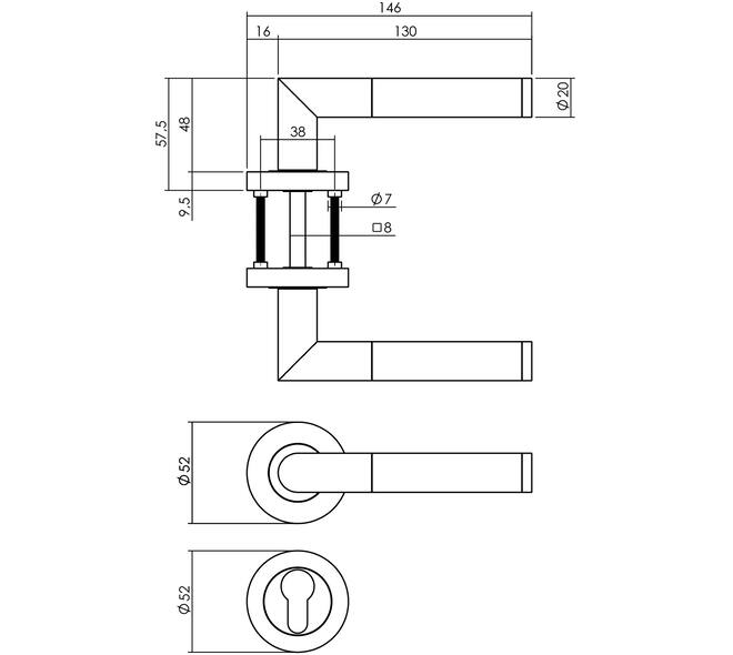 Deurkruk Bastian op rozet verdekt ø52x10mm met nokken en cilinderrozetten chroom/nikkel mat