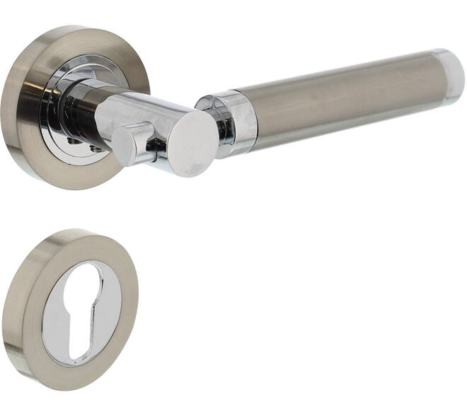 Deurkruk Birgit op rozet verdekt ø52x10mm met nokken en cilinderrozetten chroom/nikkel mat