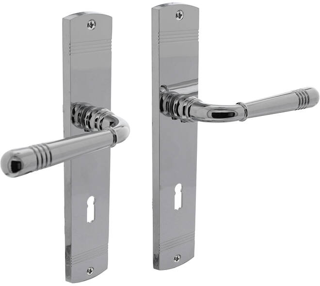 Deurkruk Helena op schild afgerond 235x45mm sleutelgat 72mm chroom