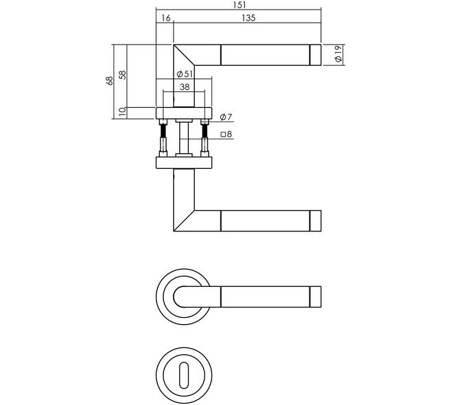 Deurkruk Jura met rozet verdekt ATP ø51x10mm met nokken en sleutelrozetten chroom/nikkel mat