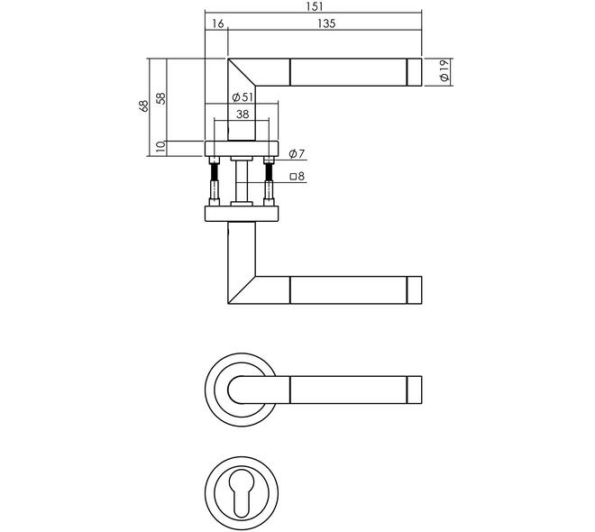 Deurkruk Jura met rozet verdekt ATP ø51x10mm met nokken en cilinderrozetten chroom/nikkel mat
