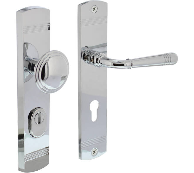 Voordeurbeslag Helena 239x50mm knop/kruk profielcilindergat 72mm met kerntrekbeveiliging chroom
