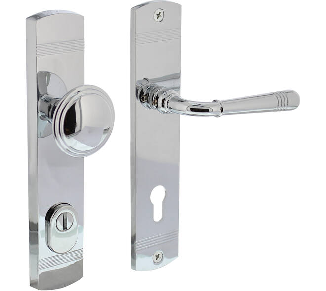 Voordeurbeslag Helena 239x50mm knop/kruk profielcilindergat 92mm met kerntrekbeveiliging chroom