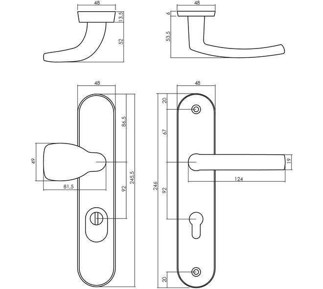 Voordeurbeslag Ovaal 246x48mm greep/kruk profielcilindergat 92mm met kerntrekbeveiliging chroom