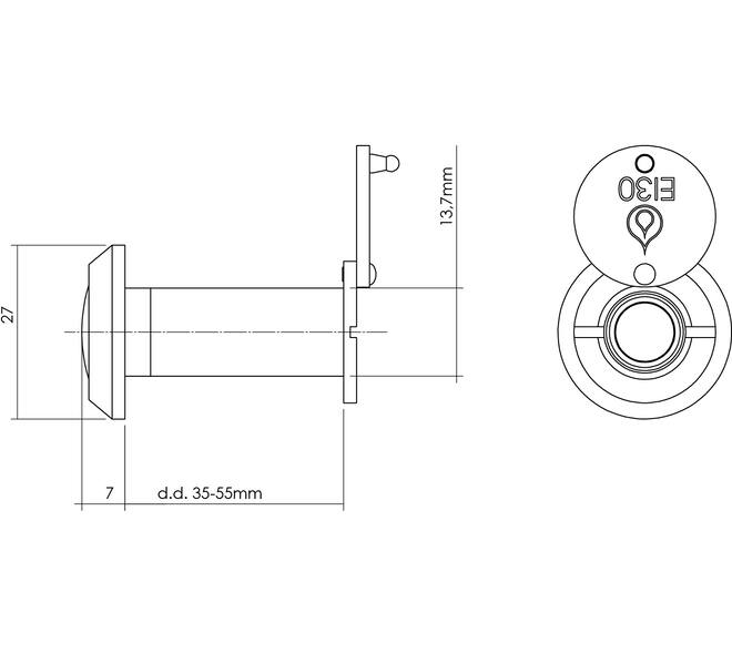 Deurspion 200° deurdikte 35-55mm, 30 minuten brandwerend ø14mm chroom