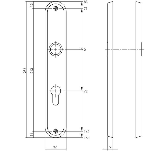 Schilden ovaal 236x37x9mm profielcilindergat 72mm chroom mat