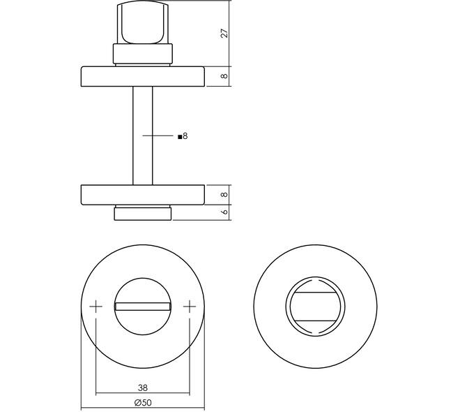 WC-sluiting verdekt ø50x8mm met stift 8x8mm chroom mat