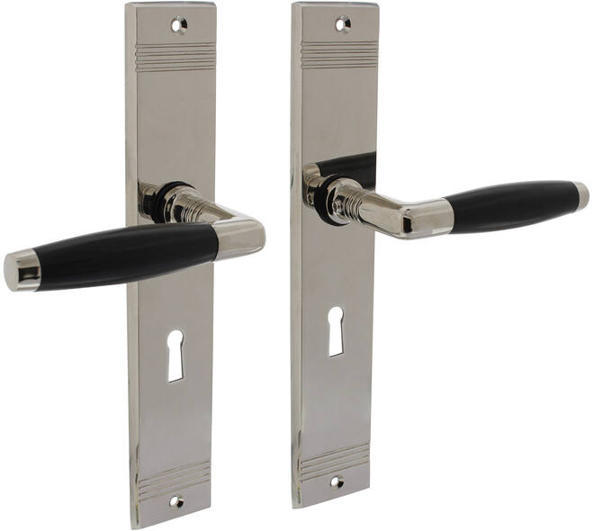 Deurkruk Ton basic met schild rechthoekig met rillen 235x43mm sleutelgat 56mm nikkel/zwart
