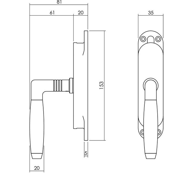 Set kruk-espagnolet rechts Ton 400 inclusief stangenset 2x 1250mm nikkel/ebbenhout