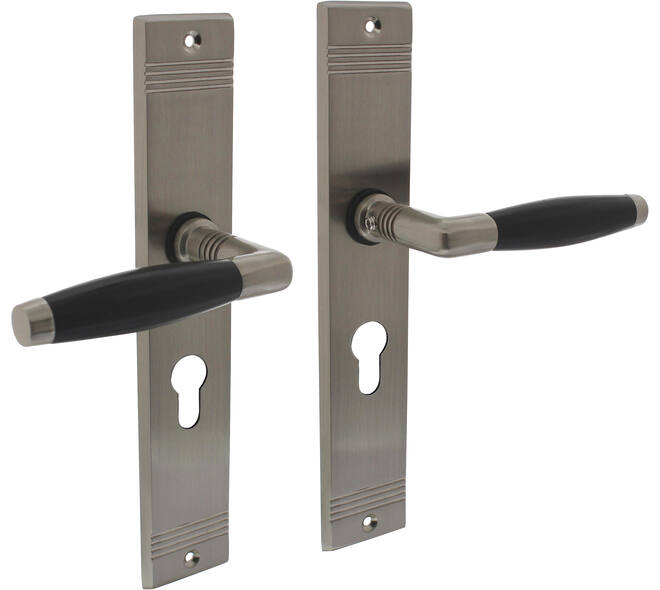 Deurkruk Ton basic met schild rechthoekig met rillen 235x43mm profielcilinder 55mm nikkel mat/zwart