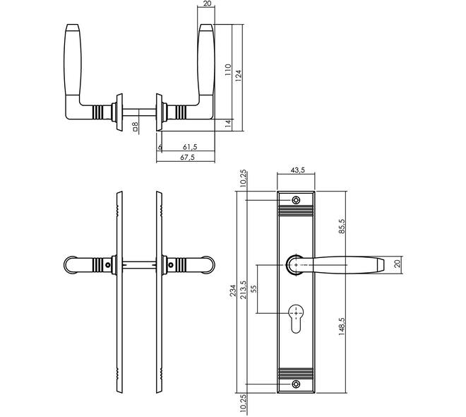 Deurkruk Ton basic met schild rechthoekig met rillen 235x43mm profielcilinder 55mm nikkel mat/zwart