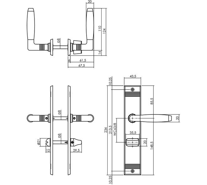 Deurkruk Ton basic met schild rechthoekig met rillen 235x43mm wc 63/8mm nikkel mat/zwart
