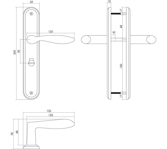 Deurkruk George op schild ovaal 242x43mm wc 78/8mm nikkel mat