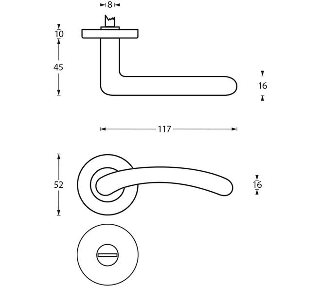 Deurkruk Marieke op rozet verdekt ø52x10mm met nokken en WC-sluiting met stift 8x8mm chroom/nikkel mat