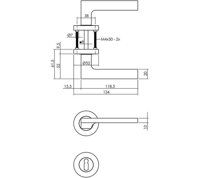 Deurkruk Ben op rozet verdekt ø52x10mm met nokken en sleutelrozetten chroom/nikkel mat