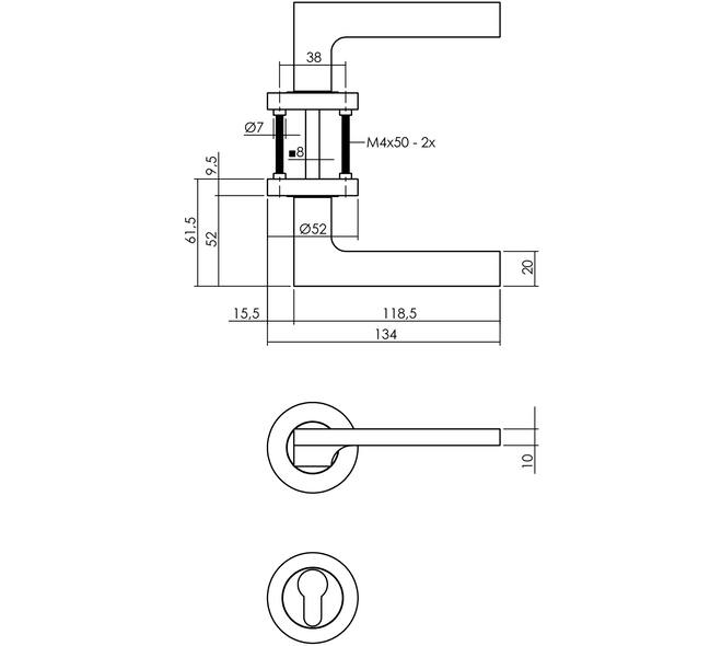 Deurkruk Ben op rozet verdekt ø52x10mm met nokken en cilinderrozetten chroom/nikkel mat