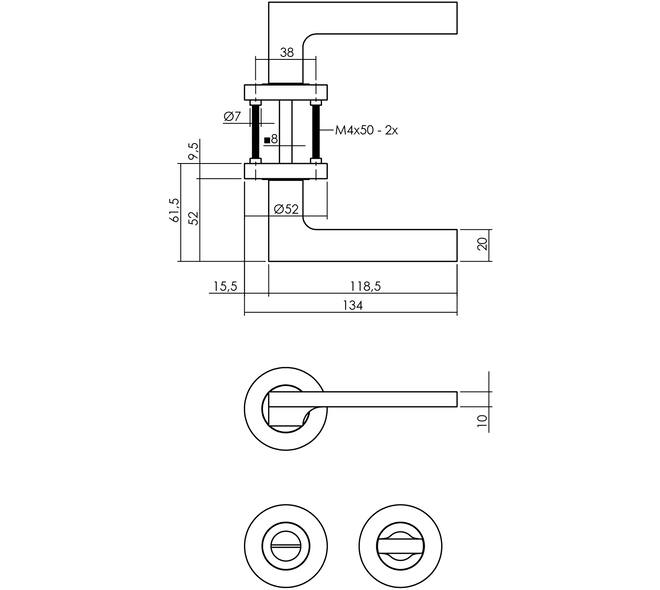 Deurkruk Ben op rozet verdekt ø52x10mm met nokken en WC-sluiting met stift 8x8mm chroom/nikkel mat