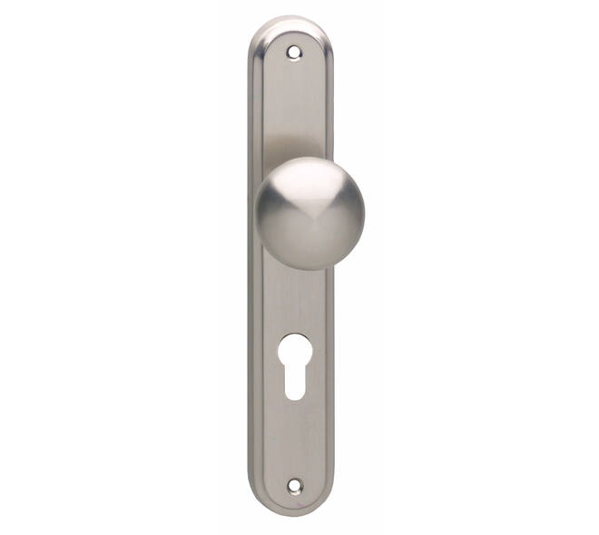 Knopschild ovaal 242x43x10mm met vaste knop paddenstoel en wisselstift profielcilindergat 72mm nikkel mat